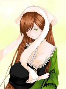 Rating: Safe Score: 0 Tags: 1girl brown_hair dress frills green_dress green_eyes hair_over_one_eye heterochromia image long_hair long_sleeves looking_at_viewer looking_back red_eyes simple_background solo suiseiseki very_long_hair User: admin