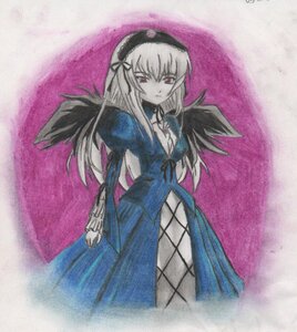 Rating: Safe Score: 0 Tags: 1girl black_wings cowboy_shot detached_collar dress flower frills image juliet_sleeves long_hair long_sleeves looking_at_viewer puffy_sleeves purple_background ribbon solo standing suigintou wings User: admin