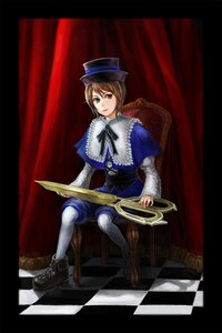 Rating: Safe Score: 0 Tags: 1girl argyle argyle_background auto_tagged board_game book brown_hair chair checkered checkered_background checkered_floor chess_piece curtains dress full_body green_eyes hat heterochromia image perspective red_eyes short_hair sitting solo souseiseki tile_floor tiles top_hat User: admin