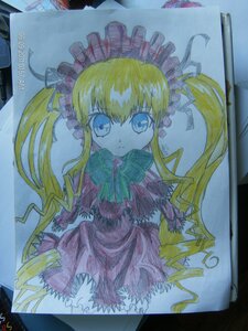 Rating: Safe Score: 0 Tags: 1girl blonde_hair blue_eyes bow bowtie dress drill_hair frills green_bow green_neckwear image long_hair long_sleeves looking_at_viewer marker_(medium) photo shikishi shinku simple_background solo traditional_media twin_drills twintails watercolor_(medium) User: admin