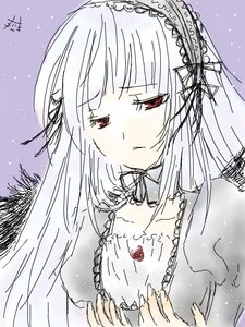 Rating: Safe Score: 0 Tags: 1girl bangs closed_mouth dress eyebrows_visible_through_hair flower frills hairband half-closed_eyes image long_hair outdoors red_eyes solo suigintou upper_body User: admin