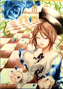 Rating: Safe Score: 0 Tags: 1girl argyle argyle_background blue_flower blue_rose board_game brown_hair checkered checkered_background checkered_floor chess_piece flower green_eyes hat image one_eye_closed perspective petals rose solo souseiseki tile_floor tiles top_hat traditional_media User: admin