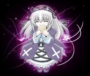 Rating: Safe Score: 0 Tags: 1girl blush closed_eyes dress eating flower food frills full_body hairband image long_hair long_sleeves ribbon rose silver_hair solo standing suigintou wings User: admin