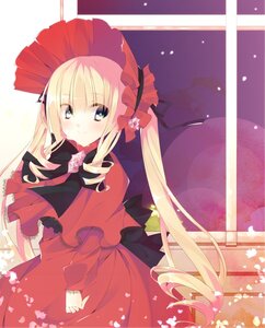 Rating: Safe Score: 0 Tags: 1girl blonde_hair bonnet bow dress drill_hair flower green_eyes image long_hair long_sleeves looking_at_viewer petals red_dress ribbon shinku smile solo twintails very_long_hair User: admin