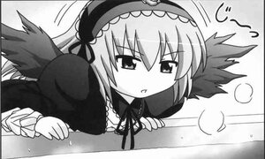 Rating: Safe Score: 0 Tags: 1girl black_wings blush detached_collar dress feathered_wings feathers frills greyscale hairband image lolita_hairband long_sleeves looking_at_viewer monochrome on_stomach pout ribbon solo suigintou wings User: admin