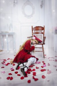 Rating: Safe Score: 0 Tags: 1girl blonde_hair dress flower hat long_sleeves petals red_dress rose_petals shinku shoes sitting solo User: admin