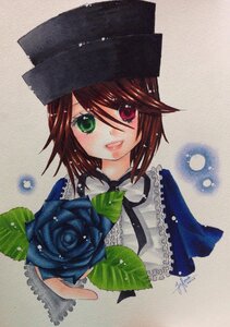 Rating: Safe Score: 0 Tags: 1girl blue_flower brown_hair flower green_eyes hat heterochromia image looking_at_viewer red_eyes rose short_hair signature smile solo souseiseki suiseiseki top_hat traditional_media upper_body User: admin