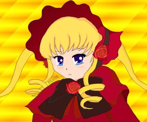 Rating: Safe Score: 0 Tags: 1girl bangs blonde_hair blue_eyes bonnet bow bowtie capelet dress drill_hair flower image long_hair long_sleeves looking_afar looking_at_viewer red_dress rose shinku sidelocks solo twintails yellow_background User: admin