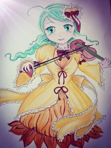 Rating: Safe Score: 0 Tags: 1girl aqua_eyes bow dress flower frilled_dress frills green_hair image instrument juliet_sleeves kanaria long_sleeves marker_(medium) music musical_note ribbon rose smile solo traditional_media violin yellow_dress User: admin