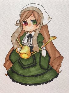 Rating: Safe Score: 0 Tags: 1girl brown_hair dress frills green_dress green_eyes head_scarf heterochromia holding image long_hair long_sleeves looking_at_viewer red_eyes simple_background solo suiseiseki very_long_hair watering_can User: admin