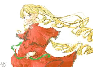 Rating: Safe Score: 0 Tags: 1girl blonde_hair blue_eyes cape capelet dated dress drill_hair image long_hair long_sleeves looking_at_viewer ponytail red_capelet ribbon shinku signature smile solo twin_drills very_long_hair white_background User: admin