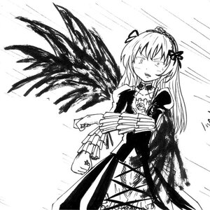 Rating: Safe Score: 0 Tags: 1girl black_wings dress frills greyscale hairband image lolita_hairband long_hair long_sleeves monochrome rose solo suigintou wings User: admin