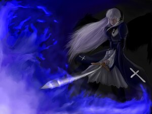 Rating: Safe Score: 0 Tags: 1girl dress holding image long_hair long_sleeves solo standing suigintou sword very_long_hair weapon white_hair User: admin
