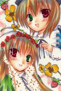 Rating: Safe Score: 0 Tags: 2girls :d blonde_hair brown_hair flower food fruit green_eyes hat heterochromia image long_hair long_sleeves looking_at_viewer multiple_girls open_mouth pair red_eyes siblings sisters smile souseiseki strawberry suiseiseki traditional_media twins User: admin