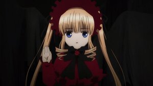 Rating: Safe Score: 0 Tags: 1girl :o blonde_hair blue_eyes bonnet bow bowtie dress drill_hair flower image long_hair long_sleeves looking_at_viewer red_dress rose shinku solo twintails User: admin