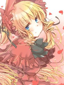 Rating: Safe Score: 0 Tags: 1girl blonde_hair blue_eyes blush bow dress flower frills heart image long_hair looking_at_viewer petals pink_bow rose rose_petals shinku solo twintails User: admin