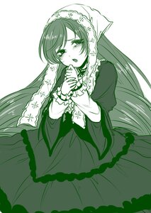 Rating: Safe Score: 0 Tags: 1girl auto_tagged blush dress frills green_theme image long_hair long_sleeves looking_at_viewer monochrome open_mouth solo suiseiseki very_long_hair User: admin