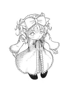 Rating: Safe Score: 0 Tags: 1girl bow dress drill_hair full_body greyscale hair_bow hinaichigo image long_hair long_sleeves looking_at_viewer monochrome ribbon smile solo white_background User: admin