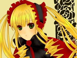 Rating: Safe Score: 0 Tags: 1girl blonde_hair bow drill_hair flower green_eyes image long_hair looking_at_viewer red_flower red_rose rose shinku sidelocks simple_background solo twintails yellow_background User: admin