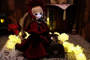 Rating: Safe Score: 0 Tags: 1girl blonde_hair blue_eyes bonnet bow doll dress flower long_hair red_dress red_flower red_rose rose shinku sitting solo twintails yellow_flower User: admin