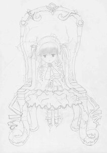 Rating: Safe Score: 0 Tags: 1girl dress frills full_body greyscale image long_hair long_sleeves looking_at_viewer monochrome shinku sitting solo twintails very_long_hair User: admin