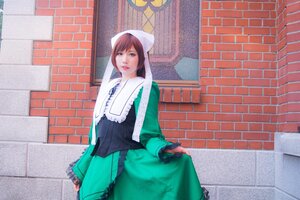 Rating: Safe Score: 0 Tags: 1girl blue_eyes brick_wall brown_hair chain-link_fence dress fence green_dress long_hair long_sleeves looking_at_viewer skirt_hold solo stained_glass standing suiseiseki tile_floor tile_wall tiles wall User: admin