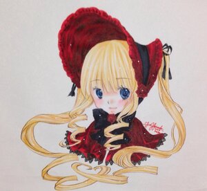 Rating: Safe Score: 0 Tags: 1girl bangs blonde_hair blue_eyes blush bonnet bow drill_hair flower image long_hair looking_at_viewer marker_(medium) photo portrait red_flower red_rose rose shinku simple_background smile solo traditional_media twintails upper_body User: admin