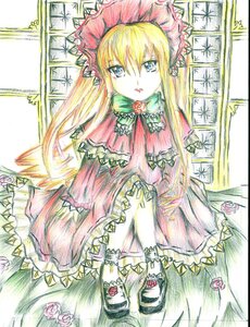 Rating: Safe Score: 0 Tags: 1girl blonde_hair blue_eyes bonnet bow bowtie dress flower frills hat image long_hair long_sleeves looking_at_viewer marker_(medium) rose shinku solo traditional_media User: admin