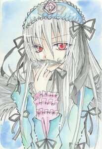 Rating: Safe Score: 0 Tags: 1girl black_ribbon dress flower frills hairband image long_hair long_sleeves looking_at_viewer red_eyes ribbon rose silver_hair solo suigintou traditional_media upper_body wings User: admin