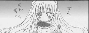 Rating: Safe Score: 0 Tags: 1girl blush eyepatch food greyscale image kirakishou long_hair long_sleeves looking_at_viewer monochrome photo simple_background solo upper_body User: admin