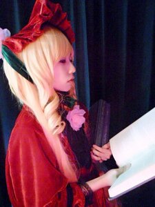 Rating: Safe Score: 0 Tags: 1girl blonde_hair flower holding long_hair long_sleeves profile red_dress rose shinku sitting solo User: admin