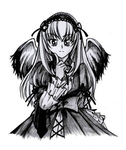 Rating: Safe Score: 0 Tags: 1girl blush dress frills greyscale hairband image index_finger_raised lolita_hairband long_hair long_sleeves looking_at_viewer monochrome simple_background solo suigintou traditional_media wings User: admin