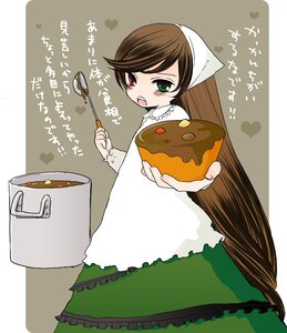 Rating: Safe Score: 0 Tags: 1girl apron bad_id bad_pixiv_id blush bowl brown_hair curry dress eating food food_on_face frills green_eyes head_scarf heart heterochromia image kappougi ladle long_hair pot red_eyes rice rozen_maiden satou_memeko solo suiseiseki translation_request tsundere User: admin