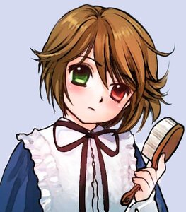 Rating: Safe Score: 0 Tags: 1girl blue_background blush bowl brown_hair frilled_shirt_collar frills green_eyes heterochromia holding image long_sleeves looking_at_viewer neck_ribbon red_eyes ribbon shirt short_hair simple_background solo souseiseki upper_body User: admin
