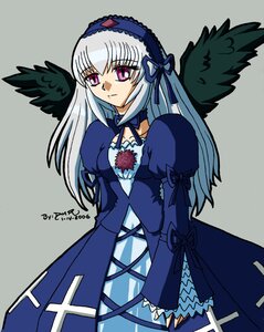 Rating: Safe Score: 0 Tags: 1girl black_wings cowboy_shot detached_collar dress frills hairband image juliet_sleeves lolita_hairband long_hair long_sleeves looking_at_viewer puffy_sleeves simple_background solo standing suigintou wings User: admin