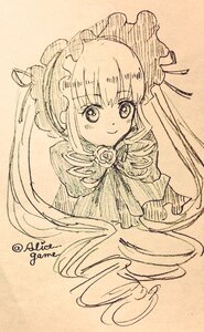 Rating: Safe Score: 0 Tags: 1girl bangs blush bonnet closed_mouth dress drill_hair eyebrows_visible_through_hair flower frills image long_hair looking_at_viewer monochrome photo rose shinku simple_background smile solo traditional_media twin_drills twintails User: admin