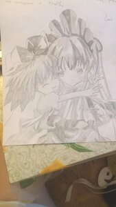 Rating: Safe Score: 0 Tags: 2girls blush bow closed_eyes detached_sleeves hair_bow hair_tubes hakurei_reimu hat hinaichigo hug image long_hair monochrome multiple_girls open_mouth pair photo shinku smile traditional_media User: admin