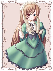 Rating: Safe Score: 0 Tags: 1girl :d blush brown_hair dress frills green_dress heterochromia image long_hair long_sleeves looking_at_viewer open_mouth red_eyes ribbon smile solo suiseiseki very_long_hair User: admin