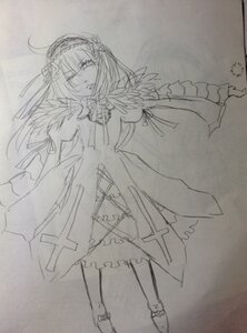 Rating: Safe Score: 0 Tags: 1girl dress flower frilled_sleeves frills full_body greyscale hairband image lolita_hairband long_hair long_sleeves looking_at_viewer monochrome ribbon simple_background sketch solo standing suigintou traditional_media User: admin