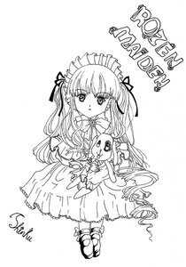 Rating: Safe Score: 0 Tags: 1girl dress full_body greyscale hair_ribbon image jewelry long_hair looking_at_viewer monochrome ribbon shinku solo standing stuffed_animal two_side_up User: admin