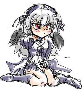 Rating: Safe Score: 0 Tags: 1girl bangs black_dress blush boots closed_mouth dress full_body image juliet_sleeves long_hair long_sleeves looking_at_viewer red_eyes simple_background sitting sketch solo suigintou wariza white_background wings User: admin