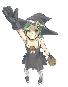 Rating: Safe Score: 0 Tags: 1girl black_dress dress gloves green_eyes green_hair grin hat image kanaria smile solo striped witch_hat User: admin