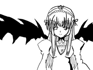 Rating: Safe Score: 0 Tags: 1girl bangs black_wings closed_mouth dress eyebrows_visible_through_hair feathered_wings greyscale hairband image long_hair long_sleeves looking_at_viewer monochrome simple_background smile solo suigintou upper_body white_background wings User: admin