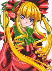 Rating: Safe Score: 0 Tags: 1girl blonde_hair blue_eyes bonnet bow dress drill_hair flower green_bow image long_hair long_sleeves looking_at_viewer marker_(medium) ribbon rose shinku sidelocks simple_background solo traditional_media twin_drills twintails white_background User: admin