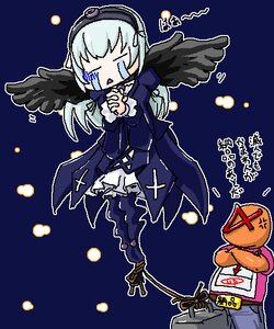 Rating: Safe Score: 0 Tags: 1girl black_wings dress feathered_wings gothic_lolita hairband image long_hair long_sleeves silver_hair solo suigintou wings User: admin