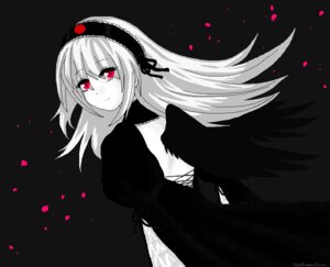 Rating: Safe Score: 0 Tags: 1girl black_background black_dress black_wings closed_mouth dress flower hairband image juliet_sleeves lolita_hairband long_hair long_sleeves looking_at_viewer looking_back monochrome petals red_eyes rose rose_petals simple_background solo spot_color suigintou wings User: admin