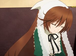 Rating: Safe Score: 0 Tags: 1girl black_ribbon brown_hair closed_eyes dress frills hat head_scarf image long_sleeves neck_ribbon ribbon short_hair simple_background solo suiseiseki User: admin