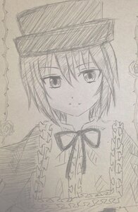 Rating: Safe Score: 0 Tags: 1girl closed_mouth eyebrows_visible_through_hair flower frills hair_between_eyes hat image looking_at_viewer monochrome ribbon rose short_hair solo souseiseki traditional_media User: admin