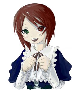 Rating: Safe Score: 0 Tags: 1girl :d brown_hair dress frills green_eyes heterochromia image long_sleeves looking_at_viewer open_mouth red_eyes ribbon short_hair simple_background smile solo souseiseki striped upper_body white_background User: admin