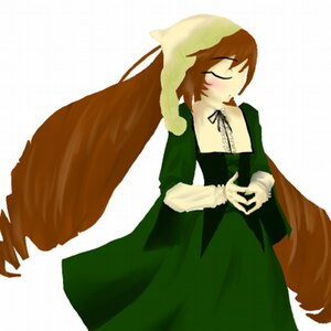 Rating: Safe Score: 0 Tags: 1girl blush brown_hair closed_eyes dress green_dress hat head_scarf image long_hair long_sleeves ribbon simple_background solo standing suiseiseki very_long_hair User: admin